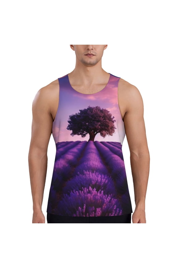 Lavender Field Sunset Pattern Sleeveless Gym Shirt Muscle Tee Breathable Workout Shirt Slim-Fit Tank Quick Dry Fit Muscle Tank Top Bodybuilding Sleeveless T Shirt-X-Large