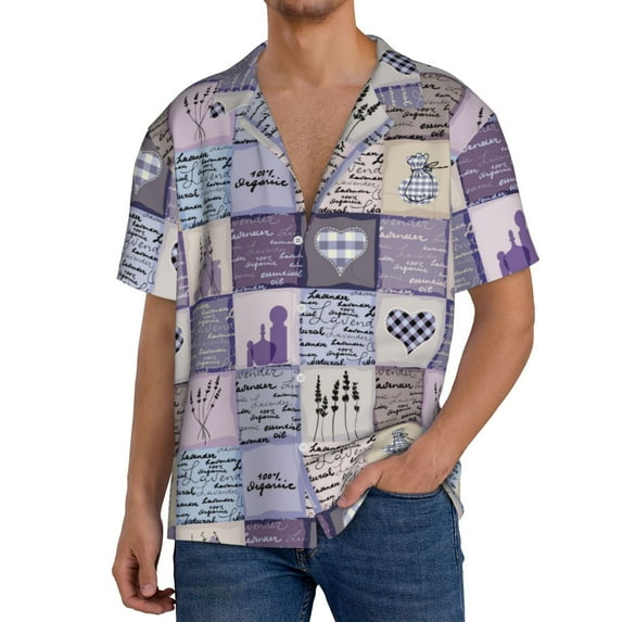 Rateoe Lavender Flowers Pattern Men's Short Sleeve Classic Shirt, Casual Short-Sleeved Shirt, Lightweight Summer Shirt, Cuban Collar Shirt,Button-Front Shirt-XX-Large