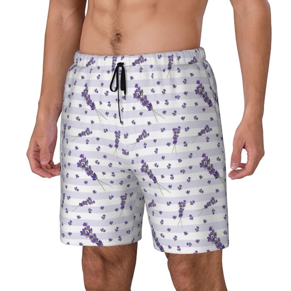 Rateoe Lavender Flowers Pattern Men’s Swim Shorts with Compression Liner – Double-Layered Quick-Dry Swimwear, Comfortable & Stretchy Beach Shorts-X-Large