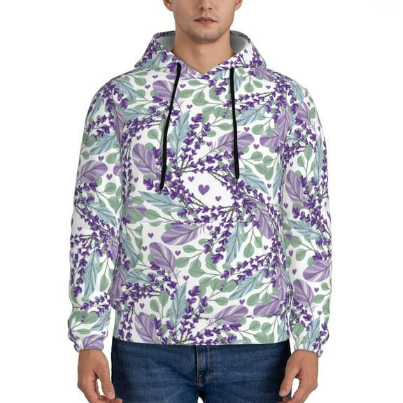 Rateoe Lavender Flowers Pattern Mens Hoodie, Pullover Hooded Sweatshirt, Kangaroo Pocket Hoodie Ideal for Daily Wear, Travel and Home-4X-Large