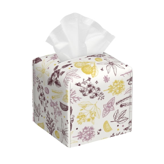 Rateoe Lavender Flowers Pattern Tissue Box Cover, Modern Square Decorative Leather Facial Paper Case Organizer Holder Dispenser 5X5X5''