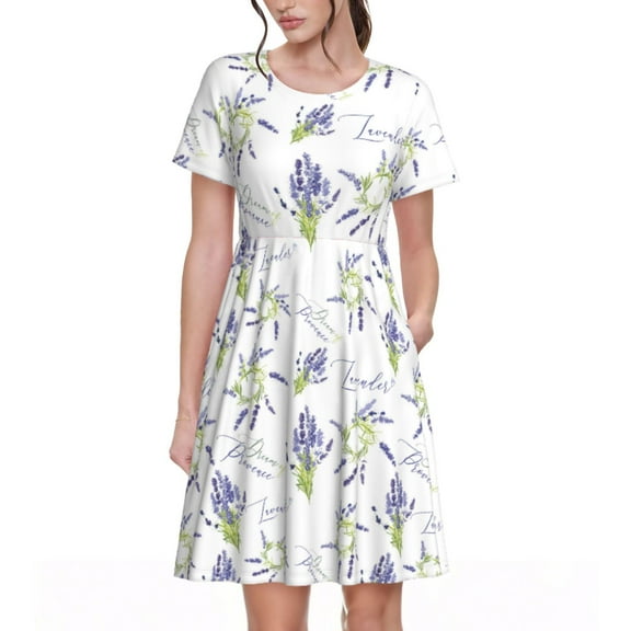 Rateoe Lavender Flowers Pattern Women’s Short Sleeve Dress – Casual Elegant Summer A-Line Dress for Everyday Wear