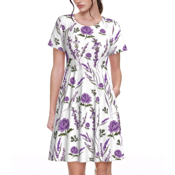 Rateoe Lavender Flowers Pattern Women’s Short Sleeve Dress – Casual Elegant Summer A-Line Dress for Everyday Wear