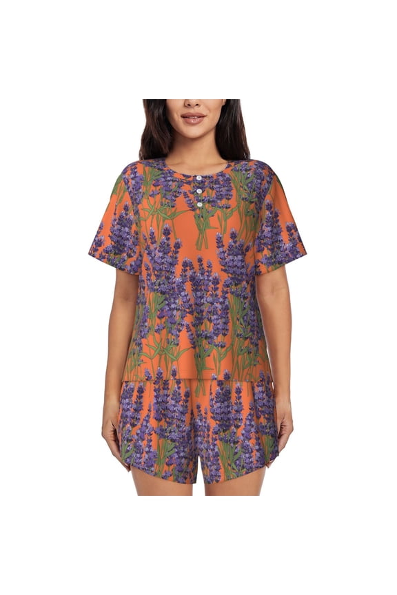 Lavender Flowers for 2 Piece Short Sleeves Pajama Sets Casual Lounge Sleepwear Ladies Pjs Sets with Pocket-Large