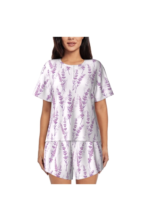 Lavender Flowers for 2 Piece Short Sleeves Pajama Sets Casual Lounge Sleepwear Ladies Pjs Sets with Pocket-Medium