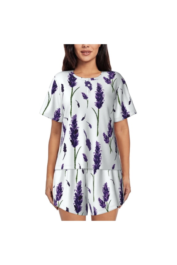 Lavender Flowers for 2 Piece Short Sleeves Pajama Sets Casual Lounge Sleepwear Ladies Pjs Sets with Pocket-Medium