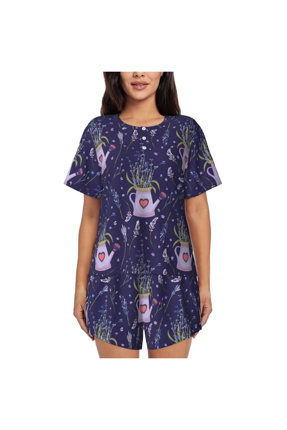 Lavender Flowers for 2 Piece Short Sleeves Pajama Sets Casual Lounge Sleepwear Ladies Pjs Sets with Pocket-Medium