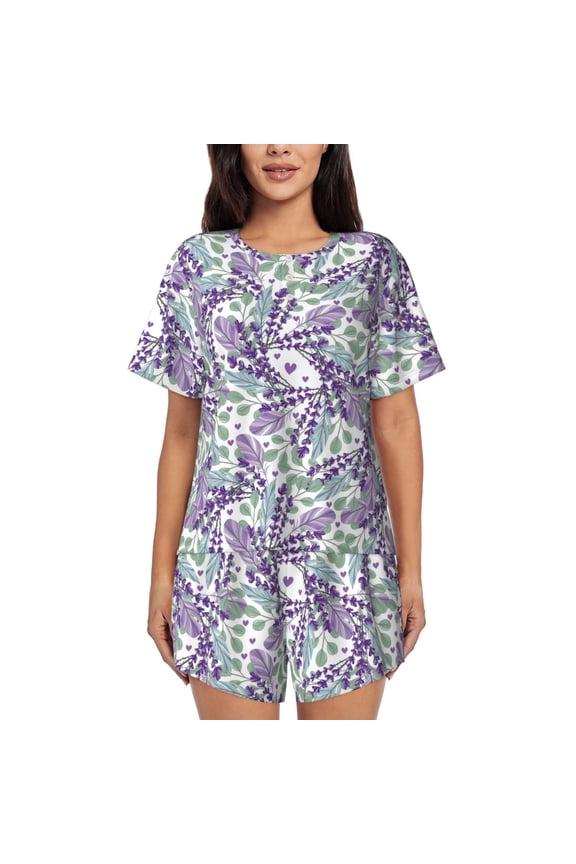 Lavender Flowers for 2 Piece Short Sleeves Pajama Sets Casual Lounge Sleepwear Ladies Pjs Sets with Pocket-Medium