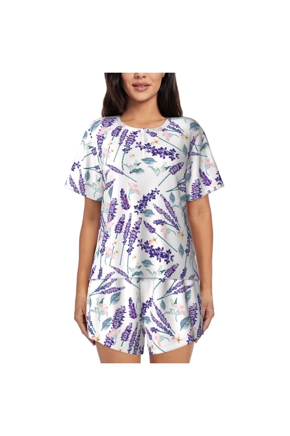 Lavender Flowers for 2 Piece Short Sleeves Pajama Sets Casual Lounge Sleepwear Ladies Pjs Sets with Pocket-Medium