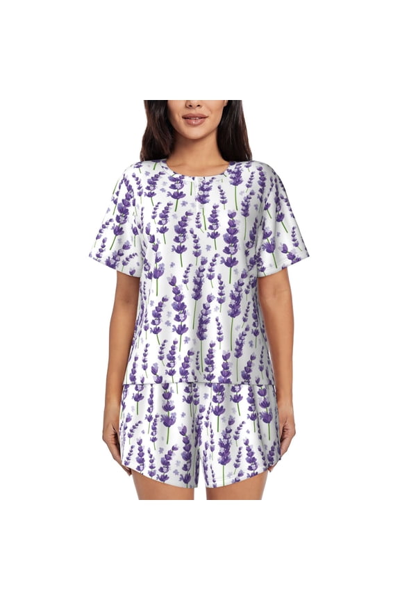 Lavender Flowers for 2 Piece Short Sleeves Pajama Sets Casual Lounge Sleepwear Ladies Pjs Sets with Pocket-Medium