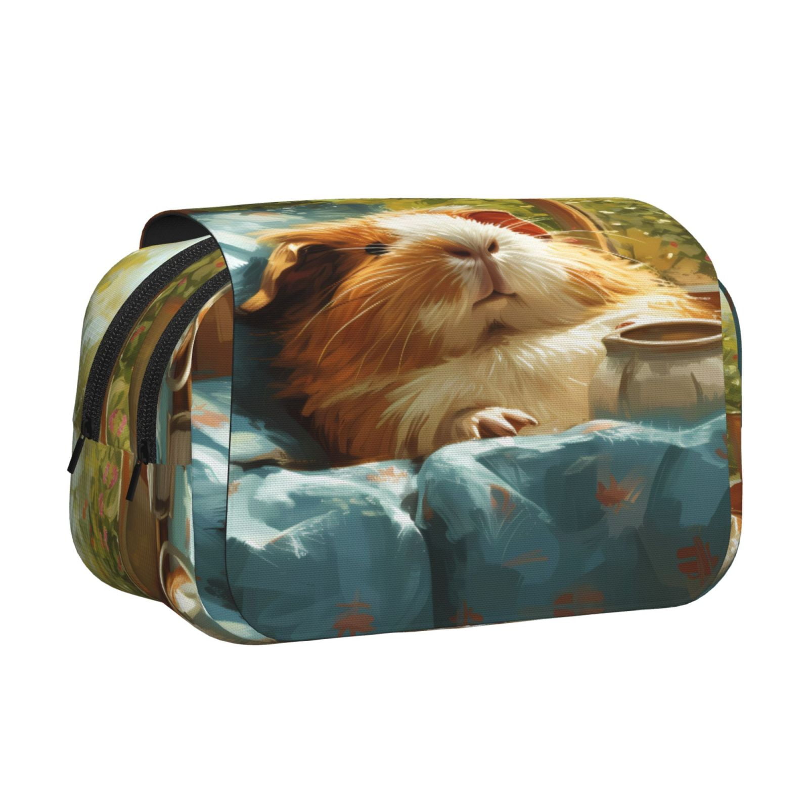 Rateoe Lazy Home Style Guinea Pig Pattern Double Clamshell Pen Case, Storage Organizer with Two Zipper Compartments– Holds Up to 50 Pencils & Pens
