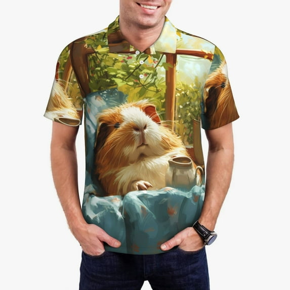 Rateoe Lazy Home Style Guinea Pig Pattern Men's Short Sleeve Polo Shirts, Golf Polo Shirts Short Sleeve Performance Moisture Wicking Dry-Medium