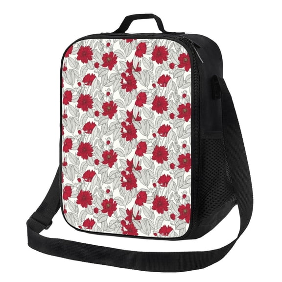 Rateoe Leaves And Anemone Flowers In Red Grey Lunch Bag Reusable Lunch Box with Shoulder Straps for Men Women Insulated Portable Lunchbox for adults Suitable for School Work Picnic