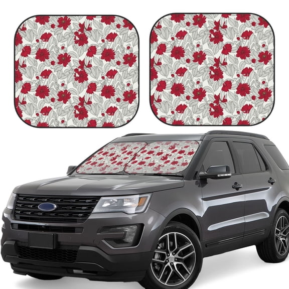 Rateoe Leaves And Anemone Flowers In Red Grey Pattern 2 Piece Car Windshield Sun Shade Foldable | Front Windshield Shade for Sun, Heat and UV Rays | Sunshade for Car Front Window-Small