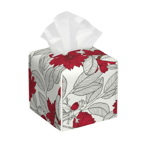 Rateoe Leaves And Anemone Flowers In Red Grey Pattern Tissue Box Cover, Modern Square Decorative Leather Facial Paper Case Organizer Holder Dispenser 5X5X5''