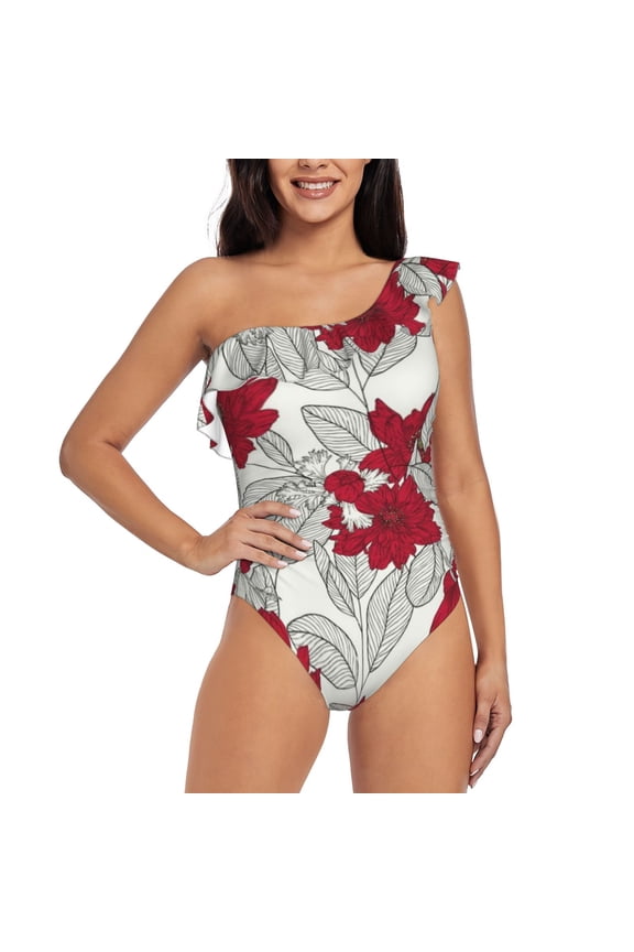 Leaves And Anemone Flowers In Red Grey Pattern Women One Piece Swimsuits Tummy Control One Shoulder Bathing Suits Ruffle Swimwear-X-Large