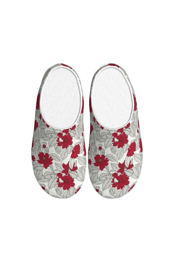 Leaves And Anemone Flowers In Red Grey Print Women's Men's Cotton Knit Slippers Lightweight Memory Foam Indoor House Shoes with Anti-Skid Sole-40/41