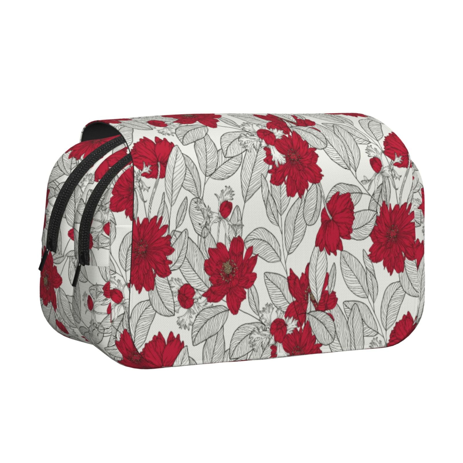 Rateoe Leaves And Anemone Flowers In Red Grey Pattern Double Clamshell Pen Case, Storage Organizer with Two Zipper Compartments– Holds Up to 50 Pencils & Pens