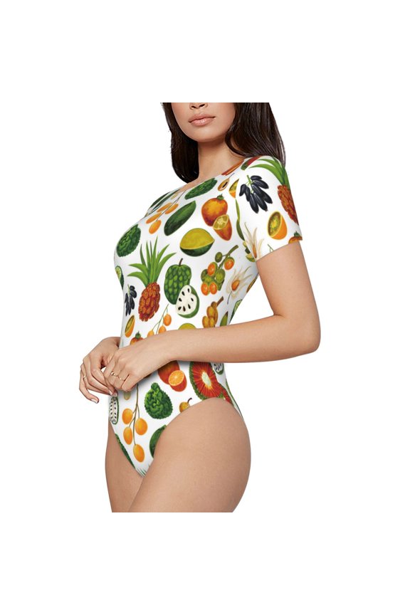 Lemon Fruits Vegetables Printed Women Rash Guard Short Sleeve,Tummy control Swimsuit Surfing Swimsuit Bathing Suit Short-sleeved Onesie UPF 50+