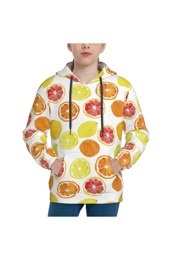 Lemon Orange Pattern Boys Hoodie, Youth Pullover Hooded Sweatshirt, Kangaroo Pocket Hoodie for Kids-Small