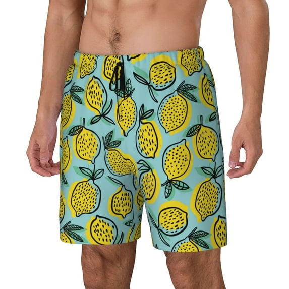 Rateoe Lemon Pattern Men’s Swim Shorts with Compression Liner – Double-Layered Quick-Dry Swimwear, Comfortable & Stretchy Beach Shorts-X-Large