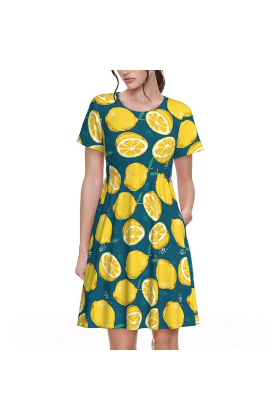 Lemon Pattern Women’s Short Sleeve Dress – Casual Elegant Summer A-Line Dress for Everyday Wear