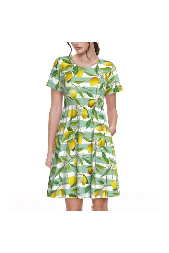 Lemon Pattern Women’s Short Sleeve Dress – Casual Elegant Summer A-Line Dress for Everyday Wear