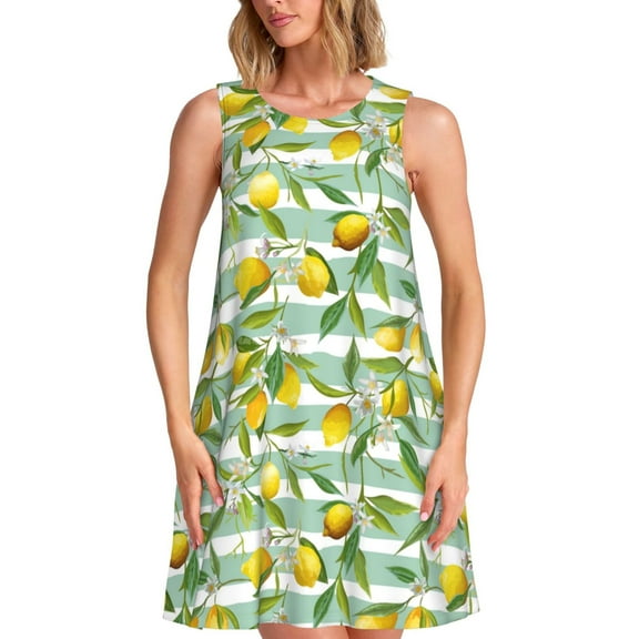 Rateoe Lemon Pattern Women’s Sleeveless Dress,Casual Summer Dress,A-line Sleeveless Dress Versatile Summer Dress Stylish Day Dress