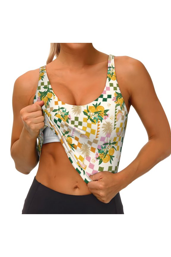 Lemon Print Womens' Sports Bras Scoop Neck Sports Vest- Padded U Back Seamless High Impact Support
