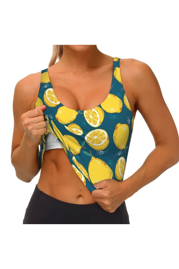 Lemon Print Womens' Sports Bras Scoop Neck Sports Vest- Padded U Back Seamless High Impact Support