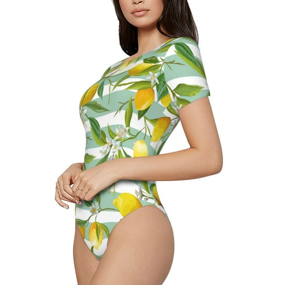 Rateoe Lemon Printed Women Rash Guard Short Sleeve,Tummy control Swimsuit Surfing Swimsuit Bathing Suit Short-sleeved Onesie UPF 50 