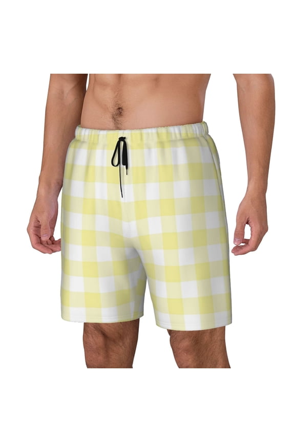Lemon Yellow Checkboard Pattern Men’s Swim Shorts with Compression Liner – Double-Layered Quick-Dry Swimwear, Comfortable & Stretchy Beach Shorts-Small
