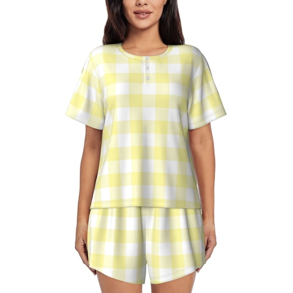 Rateoe Lemon Yellow Checkboard Pattern Women's Short-Sleeved Pajama Set - 2 Piece Soft and Lightweight Sleepwear Set-Large