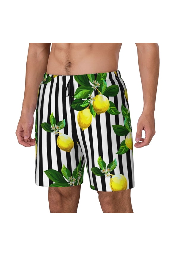 Lemons on Striped Pattern Men’s Swim Shorts with Compression Liner – Double-Layered Quick-Dry Swimwear, Comfortable & Stretchy Beach Shorts-Small