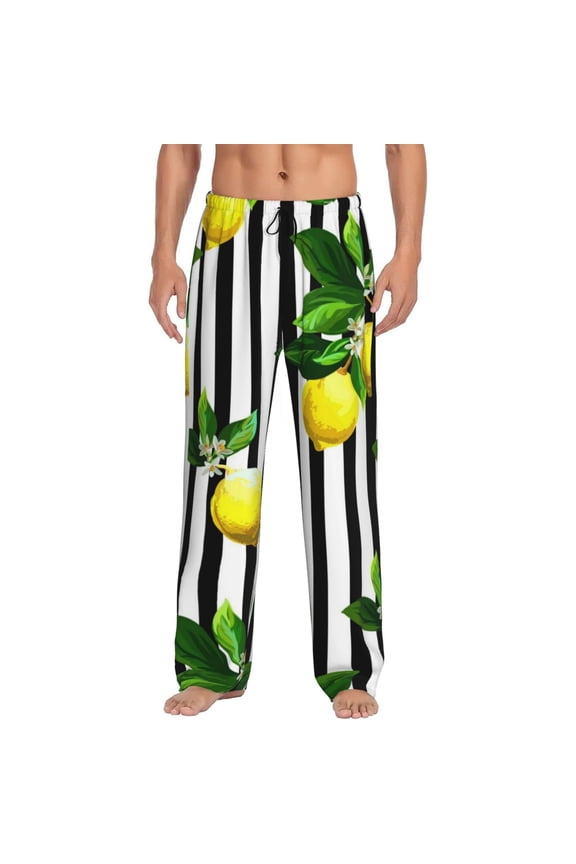 Lemons on Striped Pattern Men’s Ultra-Soft Comfy Pajama Lounge Pants Sleepwear,Comfortable Lounge Wear,lightweight Pajamas, Casual Home Wear-Medium
