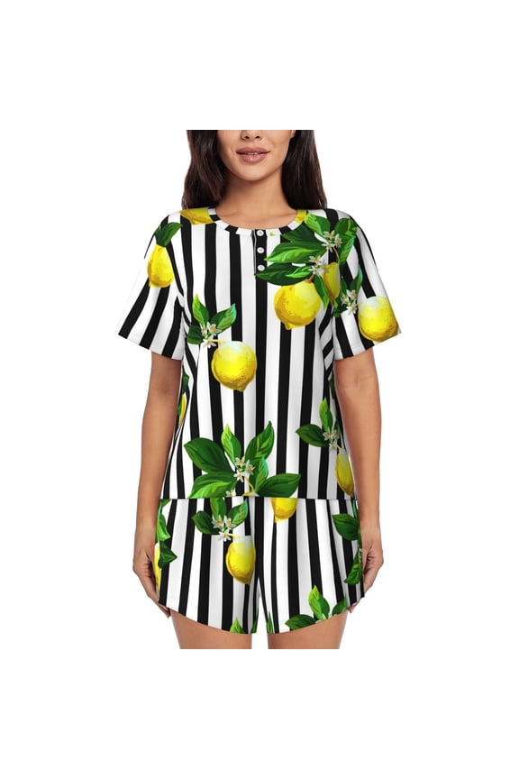 Lemons on Striped for 2 Piece Short Sleeves Pajama Sets Casual Lounge Sleepwear Ladies Pjs Sets with Pocket-3X-Large