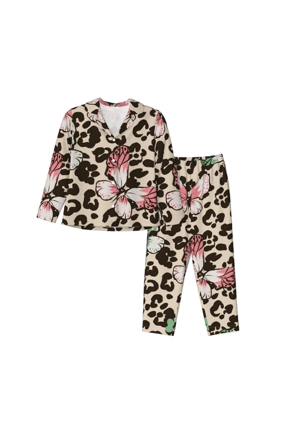 Leopard Dots Pattern Womens Pajamas Set Long Sleeve Sleepwear Button Down Nightwear Soft Cotton Pj Lounge Sets