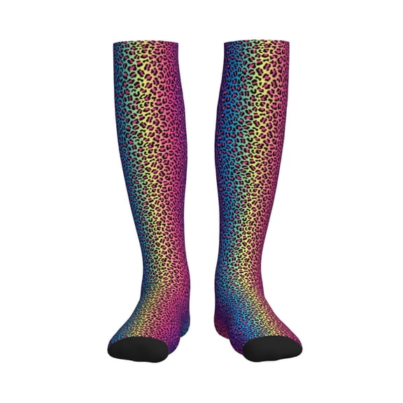 Rateoe Leopard Neon Rainbow Gradient Compression Socks for Women and Men 20-30mmHg-Circulation Support Socks Knee High Nurse Pregnant Running Medical and Travel Athletic