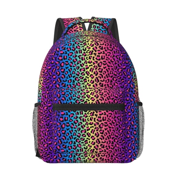 Rateoe Leopard Neon Rainbow Gradient Pattern Durable Student Backpack Laptop Bag- Ergonomic Design, Waterproof Twill Fabric - Ideal for School, Travel, and Outdoor Activities