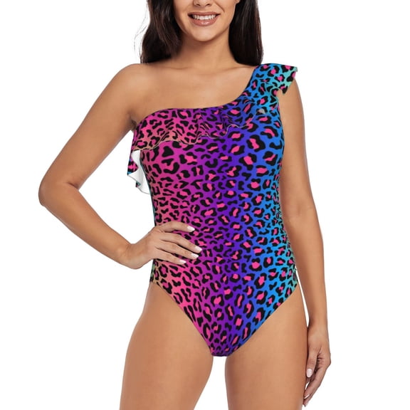 Rateoe Leopard Neon Rainbow Gradient Pattern Women One Piece Swimsuits Tummy Control One Shoulder Bathing Suits Ruffle Swimwear-XX-Large