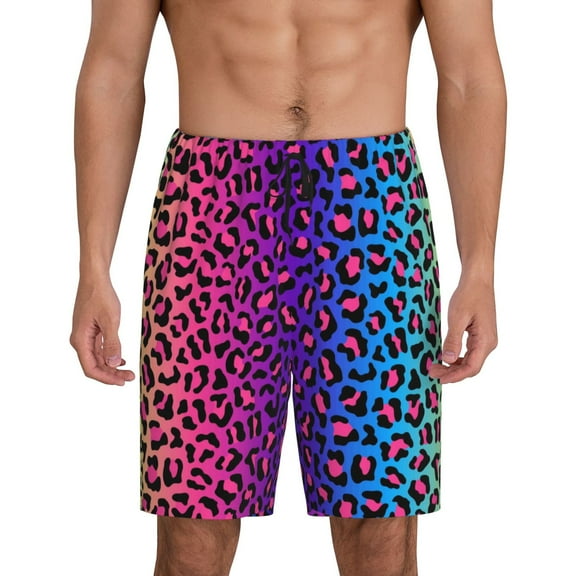 Rateoe Leopard Neon Rainbow Gradient Print Men's Lounge Shorts – Soft & Breathable Pajama Bottoms with Pockets, Elastic Waistband, Lightweight Sleepwear for Nightwear & Loungewear-