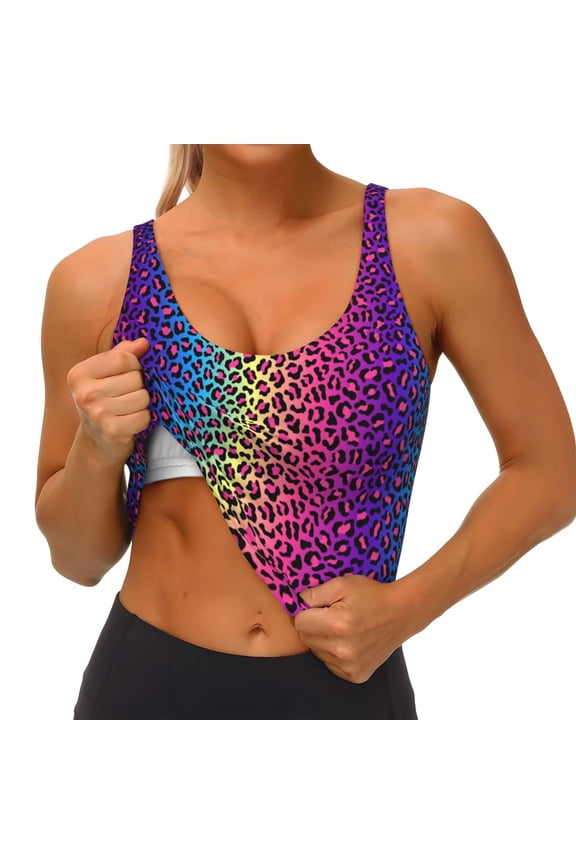 Leopard Neon Rainbow Gradient Print Womens' Sports Bras Scoop Neck Sports Vest- Padded U Back Seamless High Impact Support