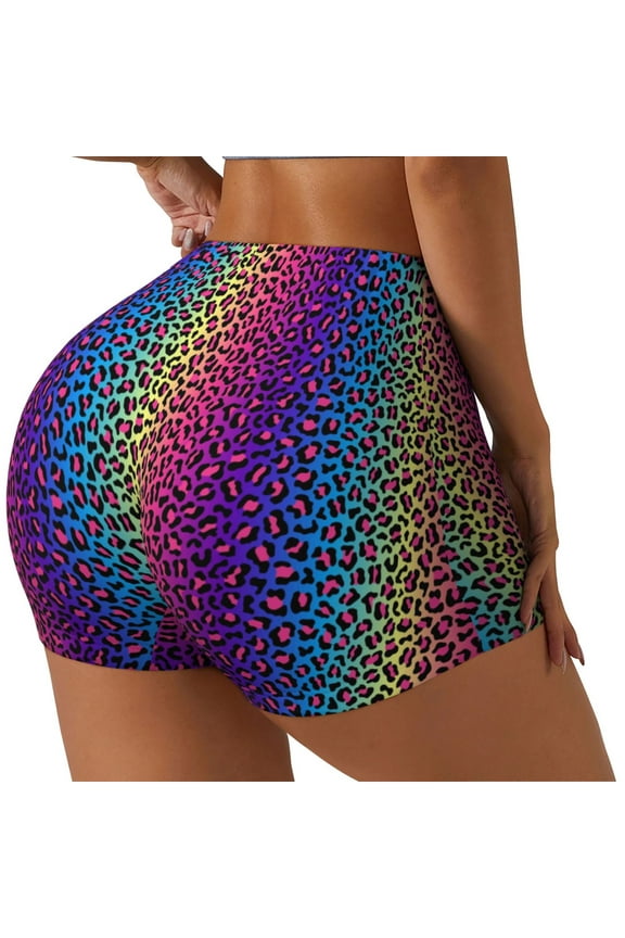 Leopard Neon Rainbow Gradient Printed Power Workout Shorts for Women Tummy Control Squat Proof Ribbed Thick Seamless Scrunch Active Short-Medium