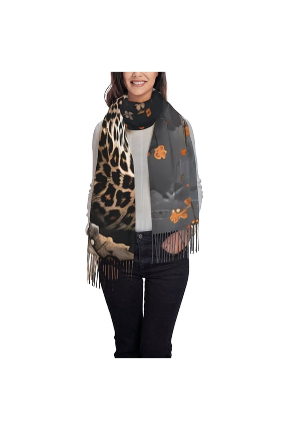 Leopard On Tree Branch Women's Traditional Scarf Wrap Tassel Shawl Fringes Neck Head Shawl Retro Scarf