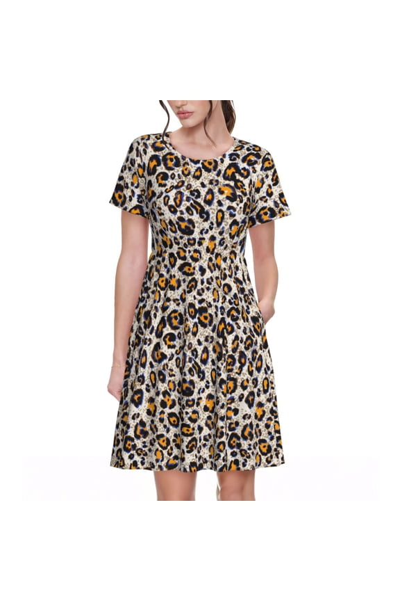 Leopard Pattern Women’s Short Sleeve Dress – Casual Elegant Summer A-Line Dress for Everyday Wear