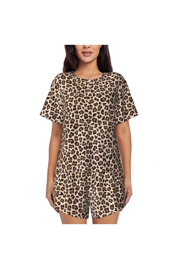 Leopard Print-2 for 2 Piece Short Sleeves Pajama Sets Casual Lounge Sleepwear Ladies Pjs Sets with Pocket-Medium