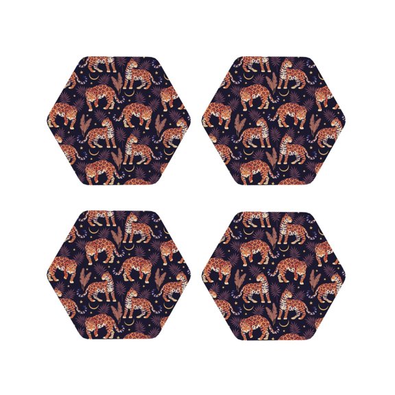 Rateoe Leopard Print Drawing Drink Coasters Set of 4 Leather Coasters Spill Protection for Table Desk,Durable and Non Slip Leather Coaster ,4 Inches Drink Mats-Hexagon