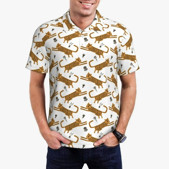 Rateoe Leopard Print Pattern Men's Short Sleeve Polo Shirts, Golf Polo Shirts Short Sleeve Performance Moisture Wicking Dry-Medium