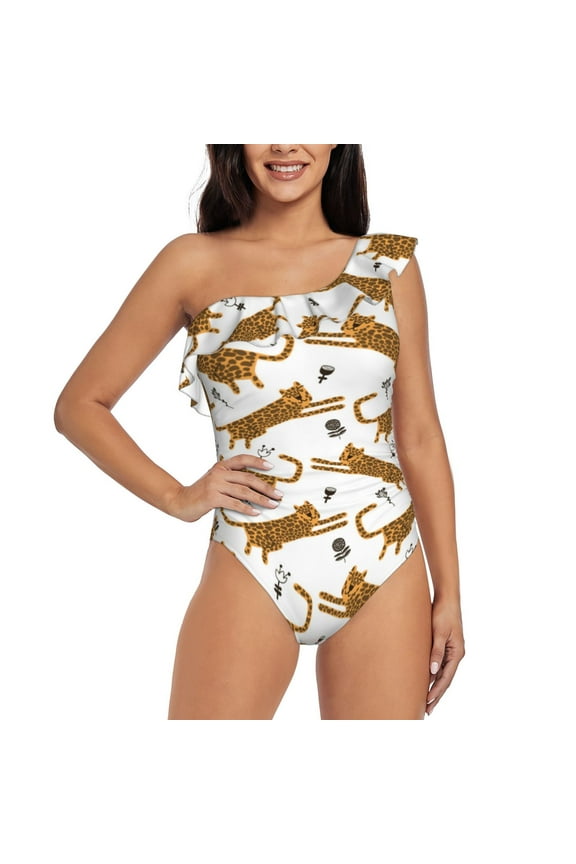 Leopard Print Pattern Women One Piece Swimsuits Tummy Control One Shoulder Bathing Suits Ruffle Swimwear-Large
