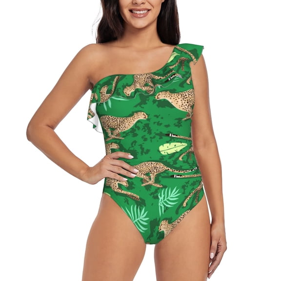 Rateoe Leopard Print Pattern Women One Piece Swimsuits Tummy Control One Shoulder Bathing Suits Ruffle Swimwear-Medium
